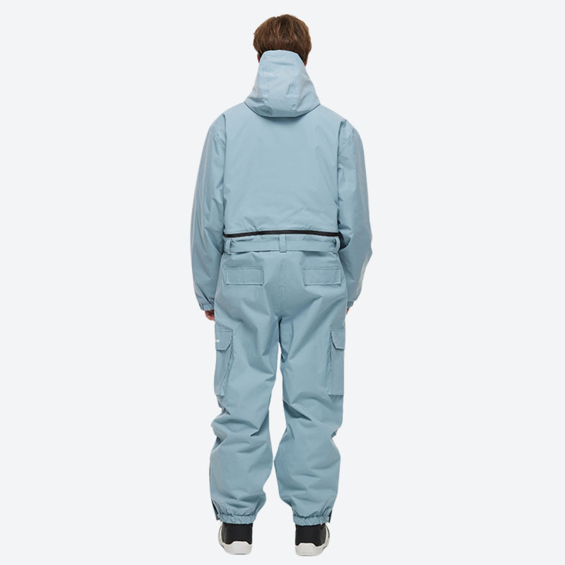 Unisex 2-layer snowboard one-piece suit - ice blue one-piece suit, on-model back view, for resort and street wear