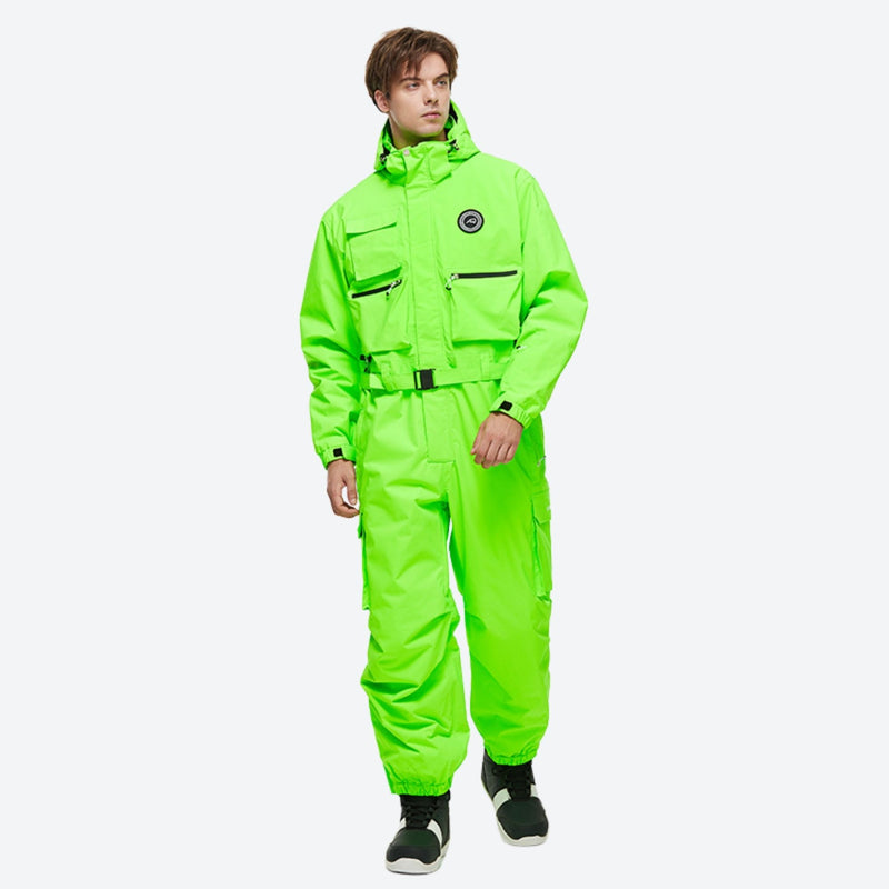 Unisex waterproof 2L one-piece snow suit - neon green one-piece suit, for powder days and winter commute