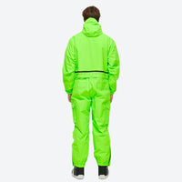 
                  
                    Breathable full-body ski suit with waist belt - neon green one-piece suit, on-model back view, for cold-weather winter sports
                  
                