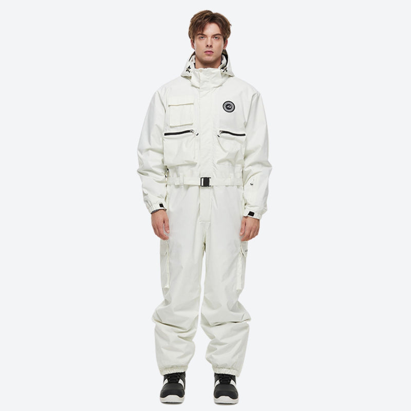 Breathable full-body ski suit with waist belt - white one-piece suit, for resort and street wear