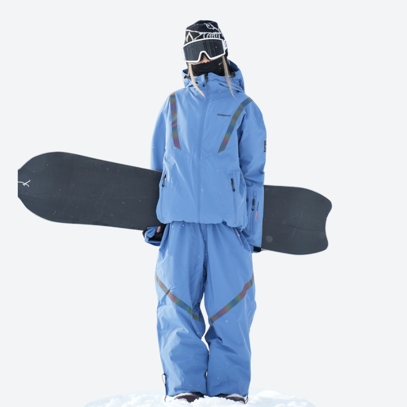 Women's snowboard jacket and wide-leg pants - ice blue jacket with ice blue pants, for resort and street wear